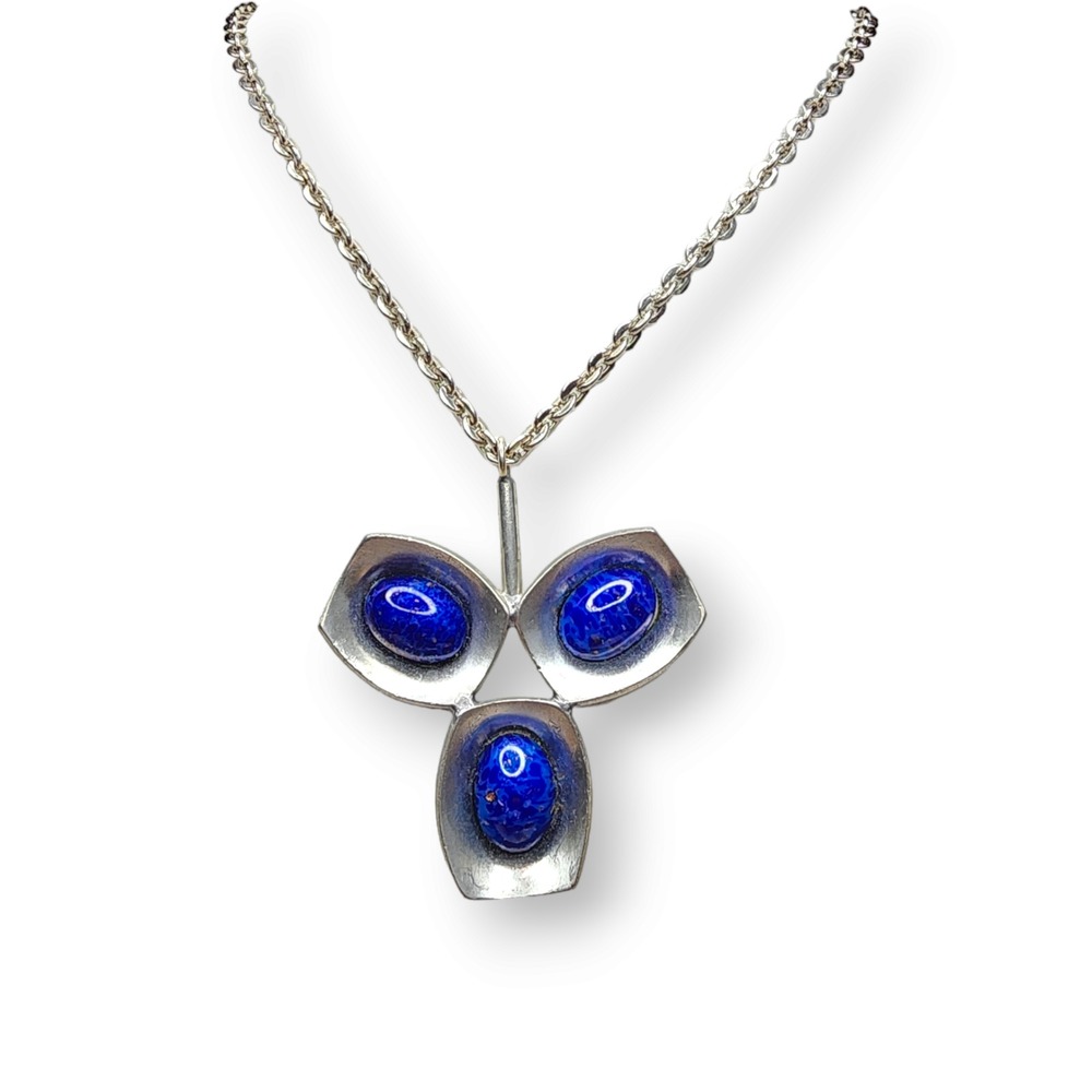 Jorgen Jensen Necklace Pewter Blue MCM Danish Modern Glass Pendant 220B - Picture 2 of 10